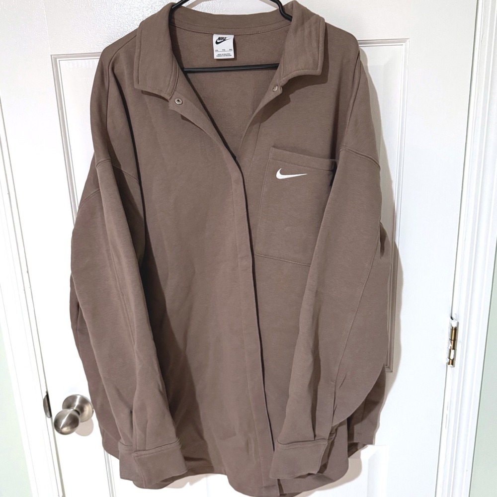 Nike Mens Oversized Polo Sweatshirt XXL Taupe Brown Swoosh Snap Collar Pullover